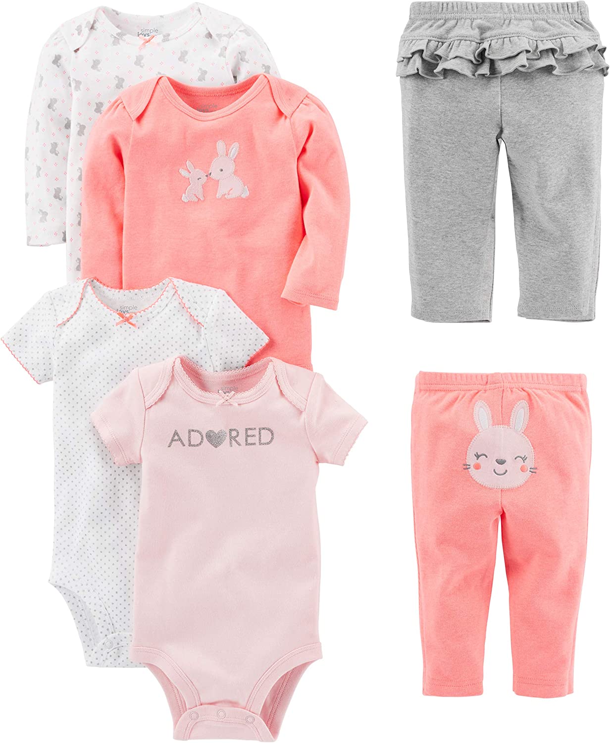 230816015835654_1 Simple Joys by Carter's Baby Girls' 6-Piece Bodysuits (Short and Long Sleeve) and Pants Set - Image 1